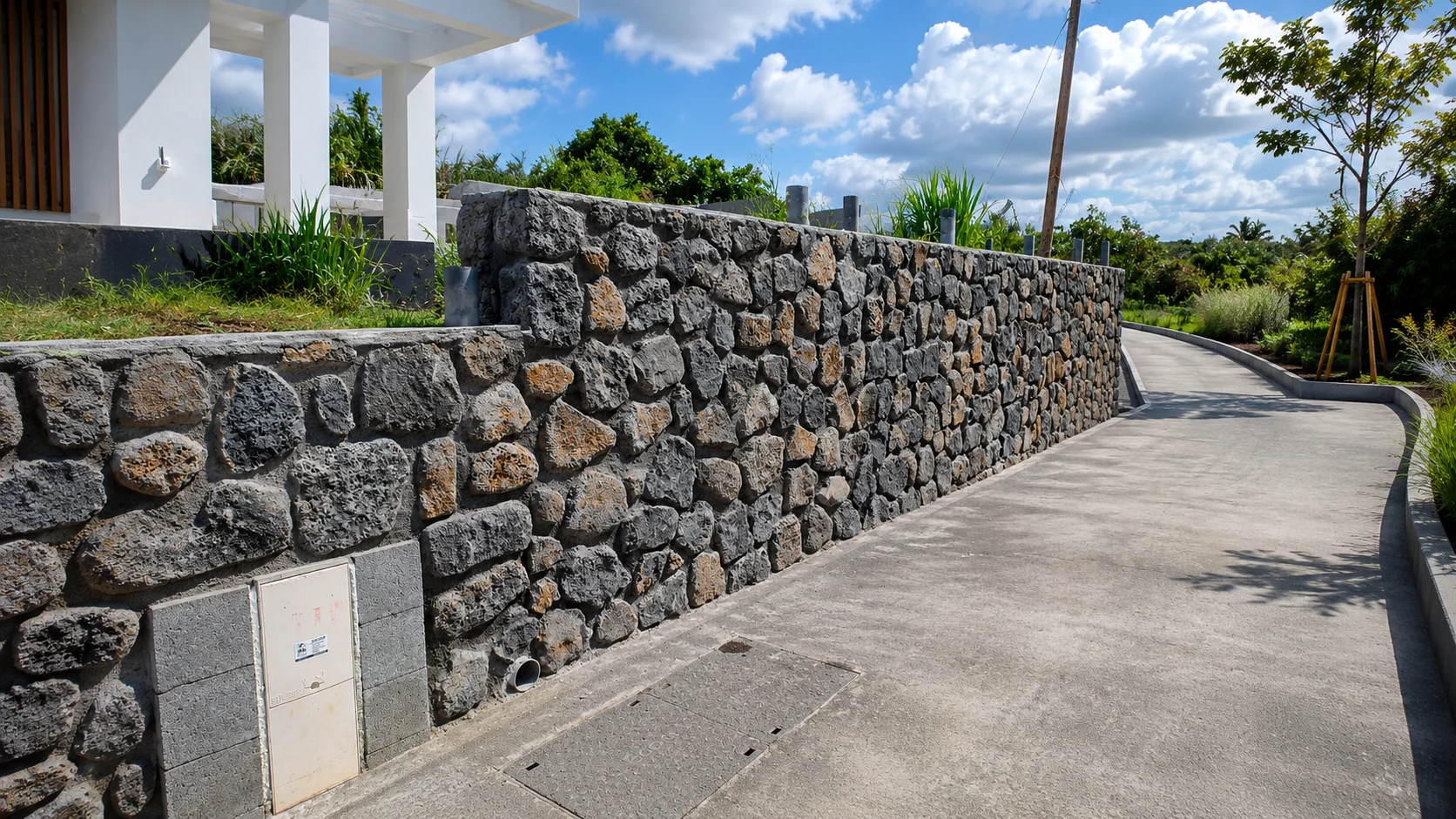Mur d'enceinte en moellon de basalte réalisé à La Réunion