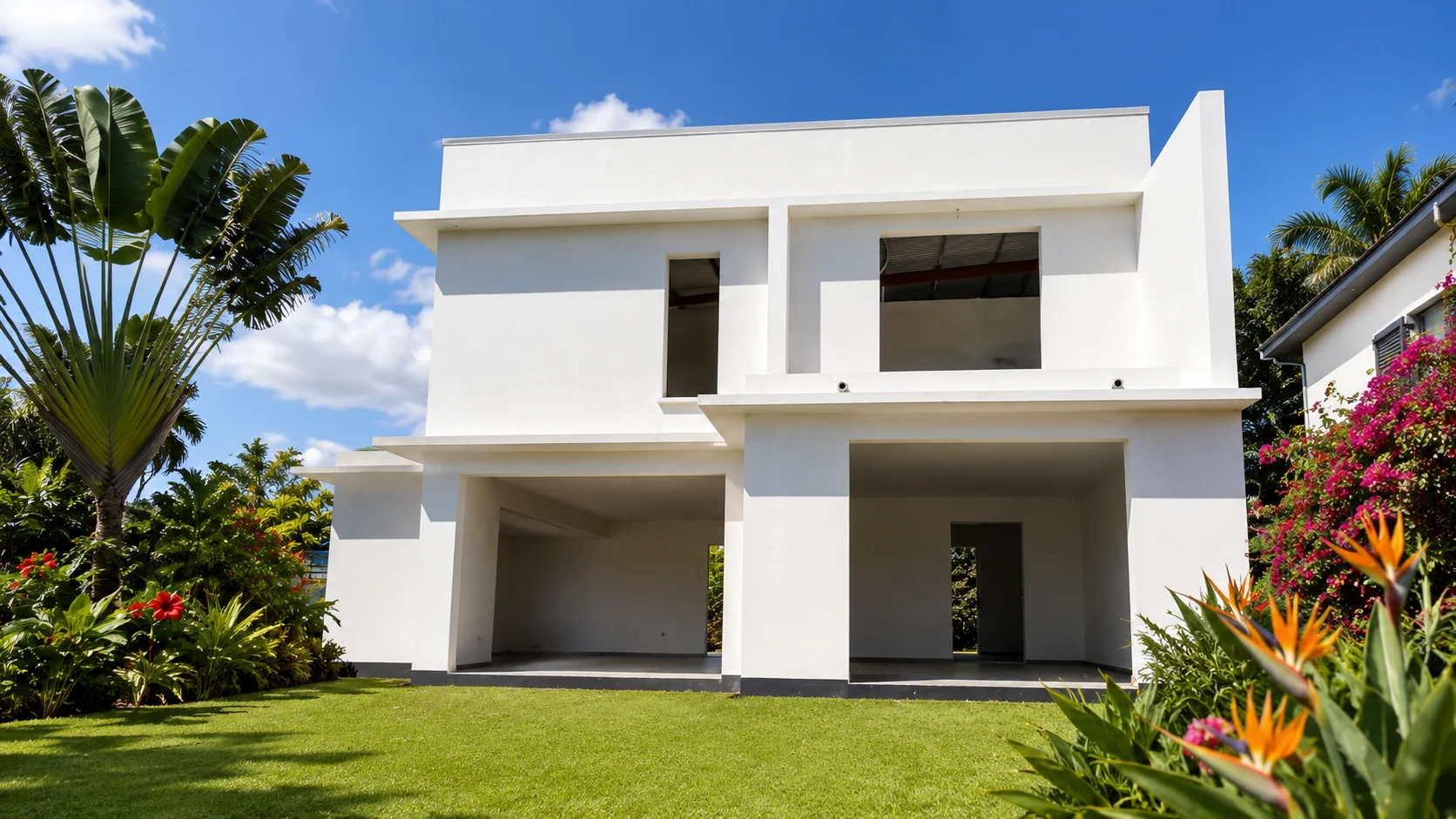 Villa R+1 en gros œuvre avec grandes ouvertures et varangue
