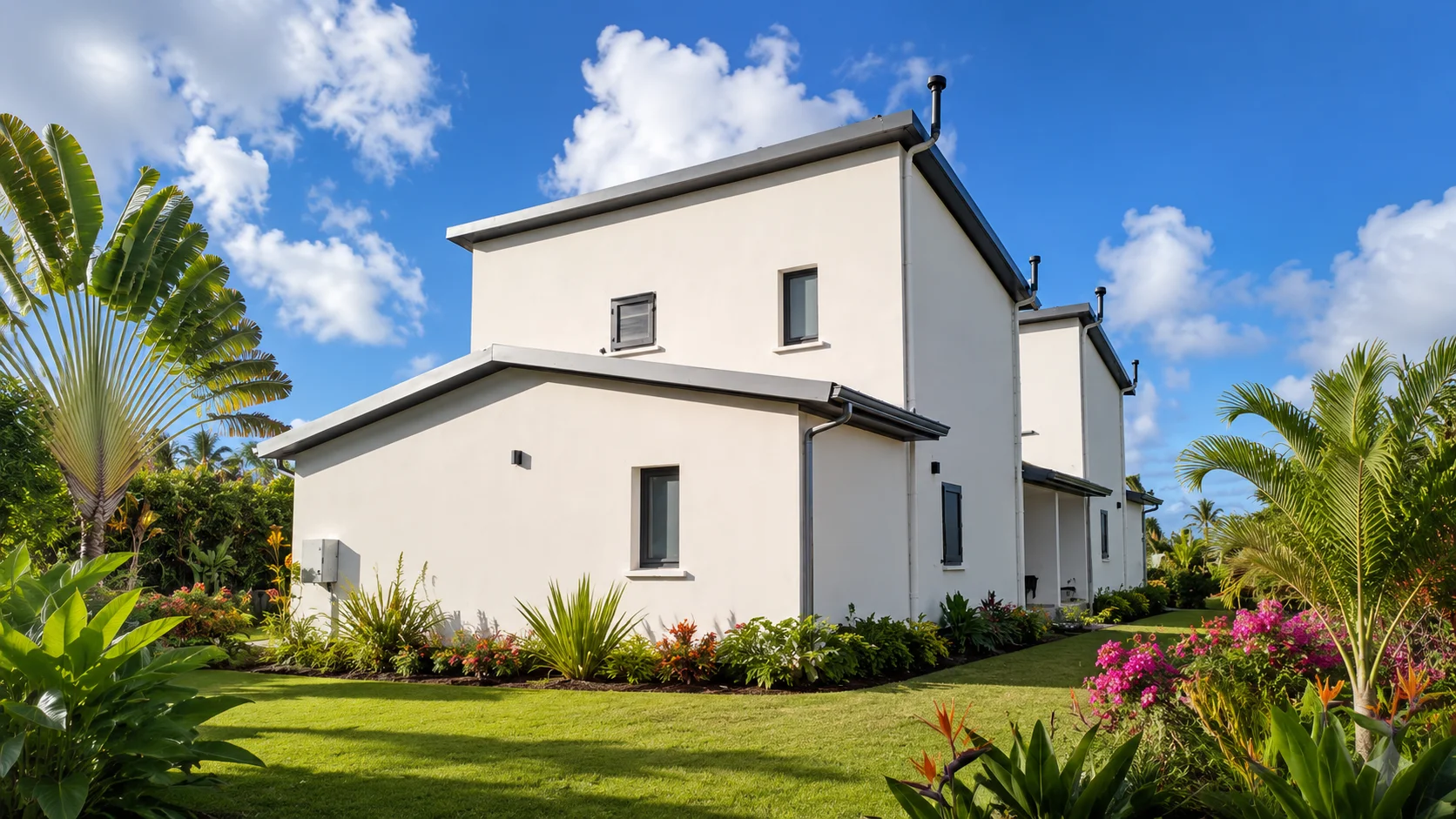 Villa à étage vue de côté, enduits terminés et jardin planté
